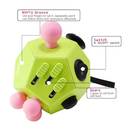 WCZCBOYA 12-Sided Fidget Cube (Green/A3) - Stress Relief Toy with Gears, Buttons, Joystick & More