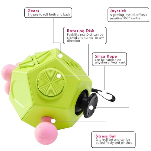 WCZCBOYA 12-Sided Fidget Cube (Green/A3) - Stress Relief Toy with Gears, Buttons, Joystick & More
