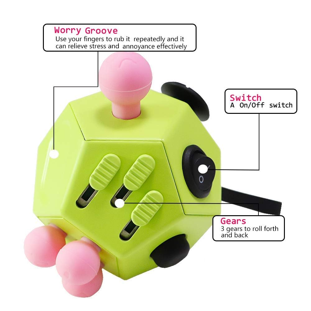 WCZCBOYA 12-Sided Fidget Cube (Green/A3) - Stress Relief Toy with Gears, Buttons, Joystick & More