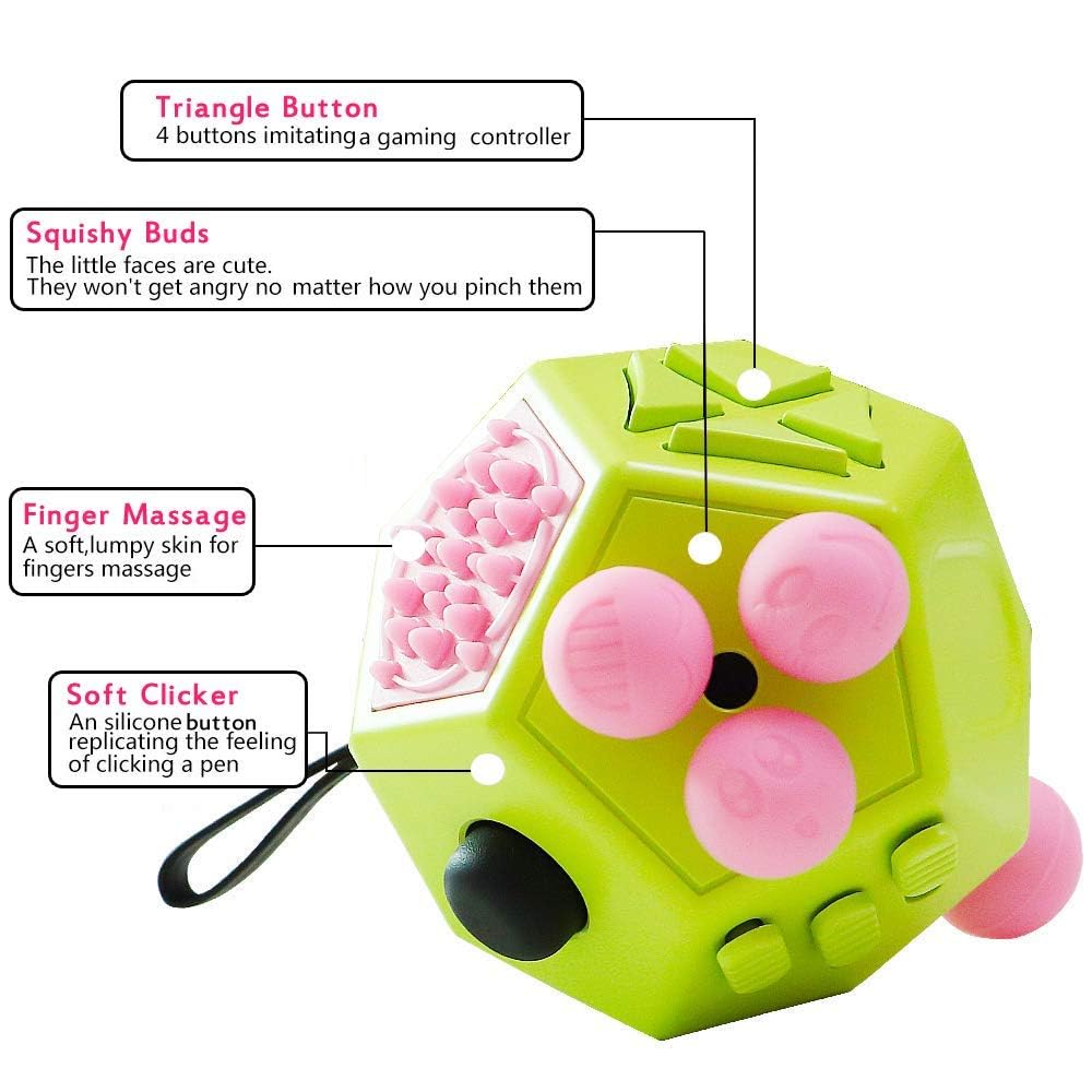 WCZCBOYA 12-Sided Fidget Cube (Green/A3) - Stress Relief Toy with Gears, Buttons, Joystick & More