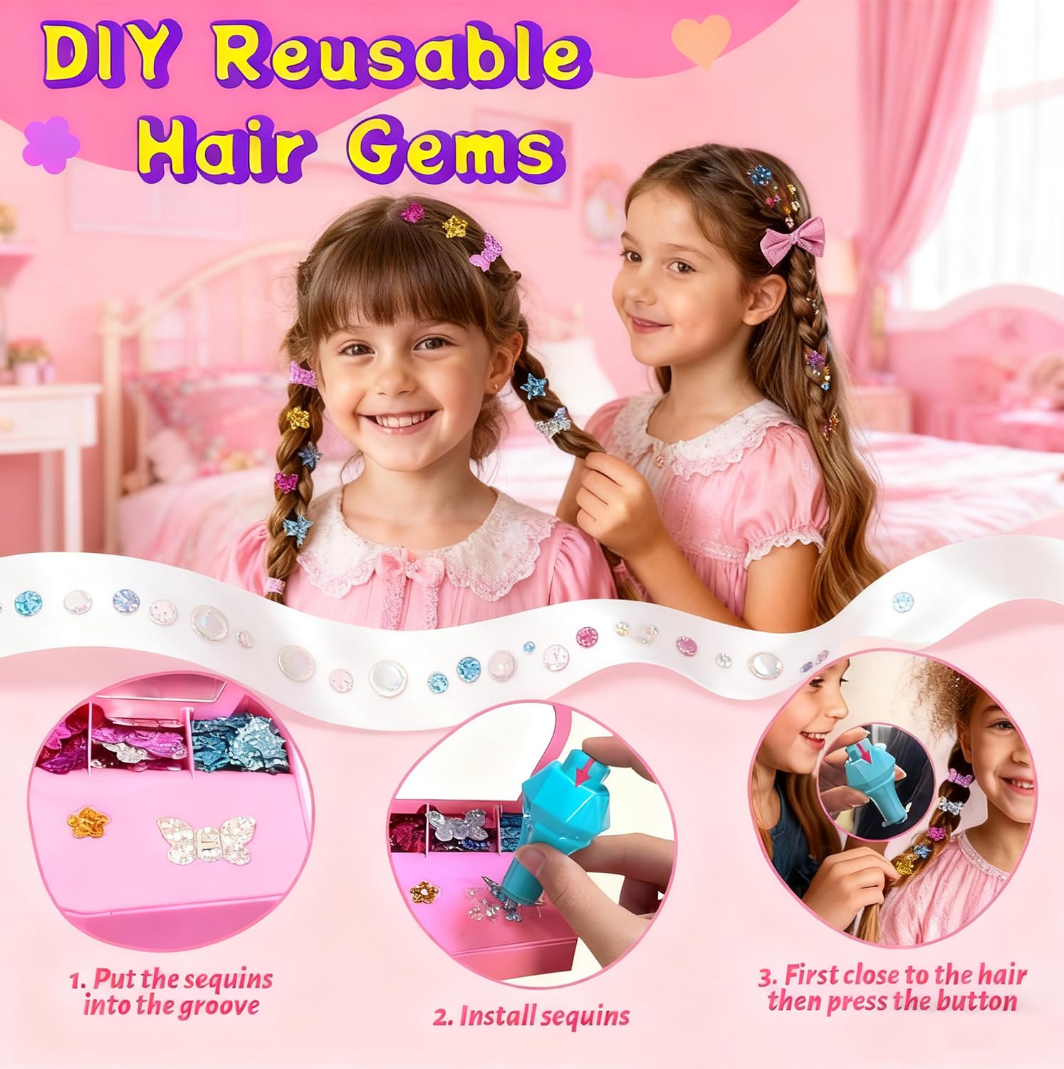 WDFXLWT Hair Gem Stamper Kit – Reusable Sequins, No Glue, One-Click Application for Kids