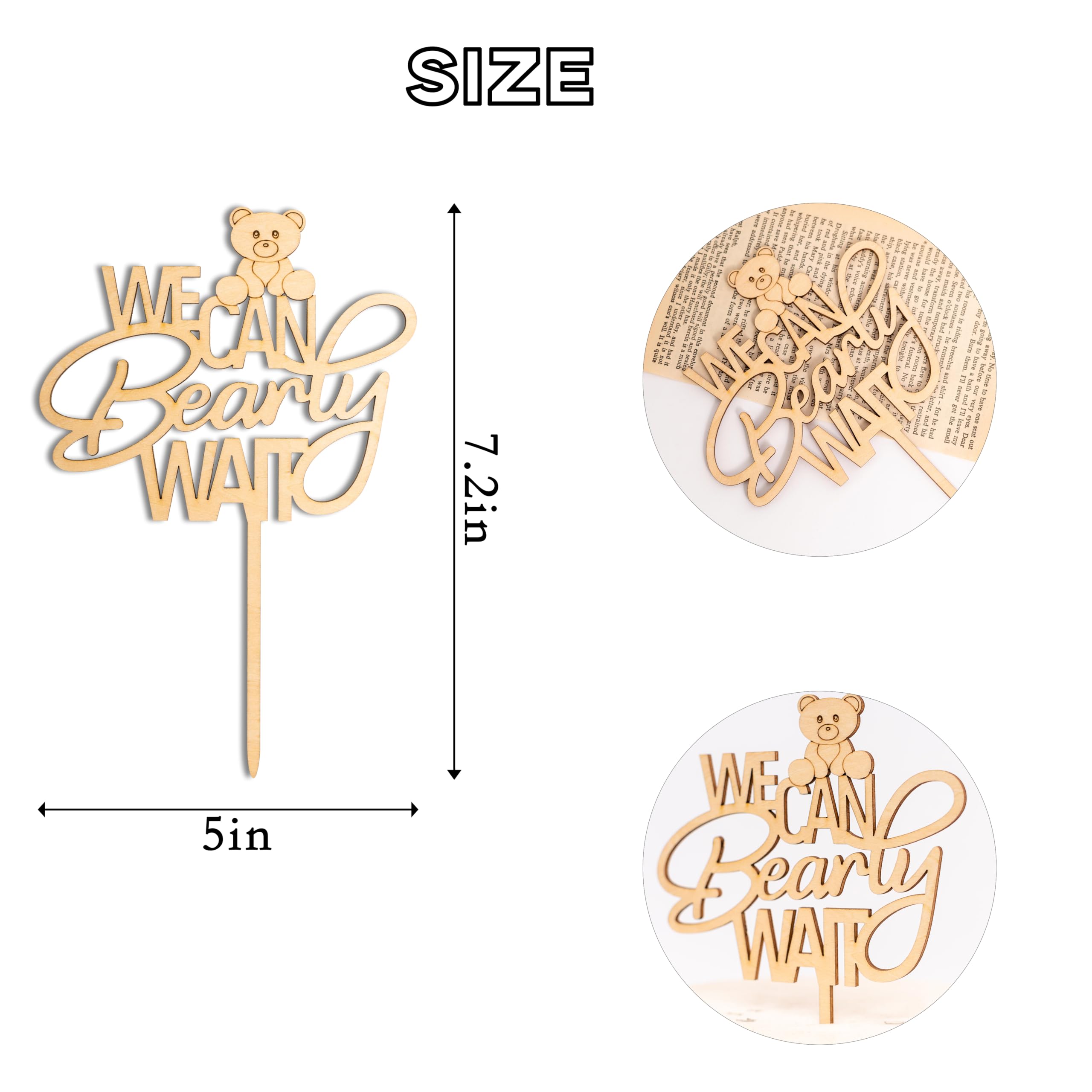 We Can Bearly Wait Wooden Cake Topper - Bear Theme Baby Shower Decoration, 8x10 Inches