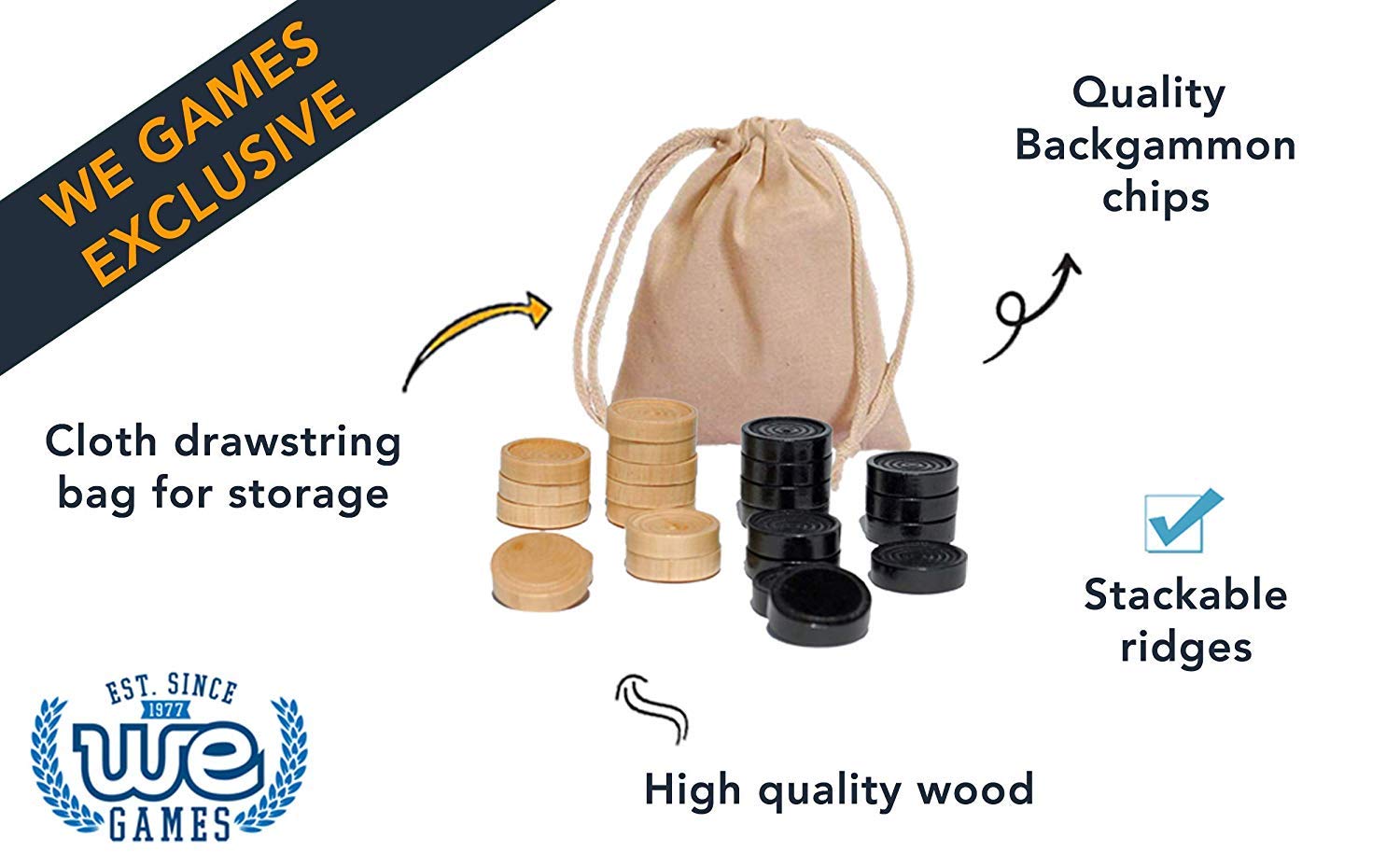 WE Games 1.5 Inch Wooden Checkers Pieces – 24 Natural & Black Stained Stackable Checkers with Storage Bag