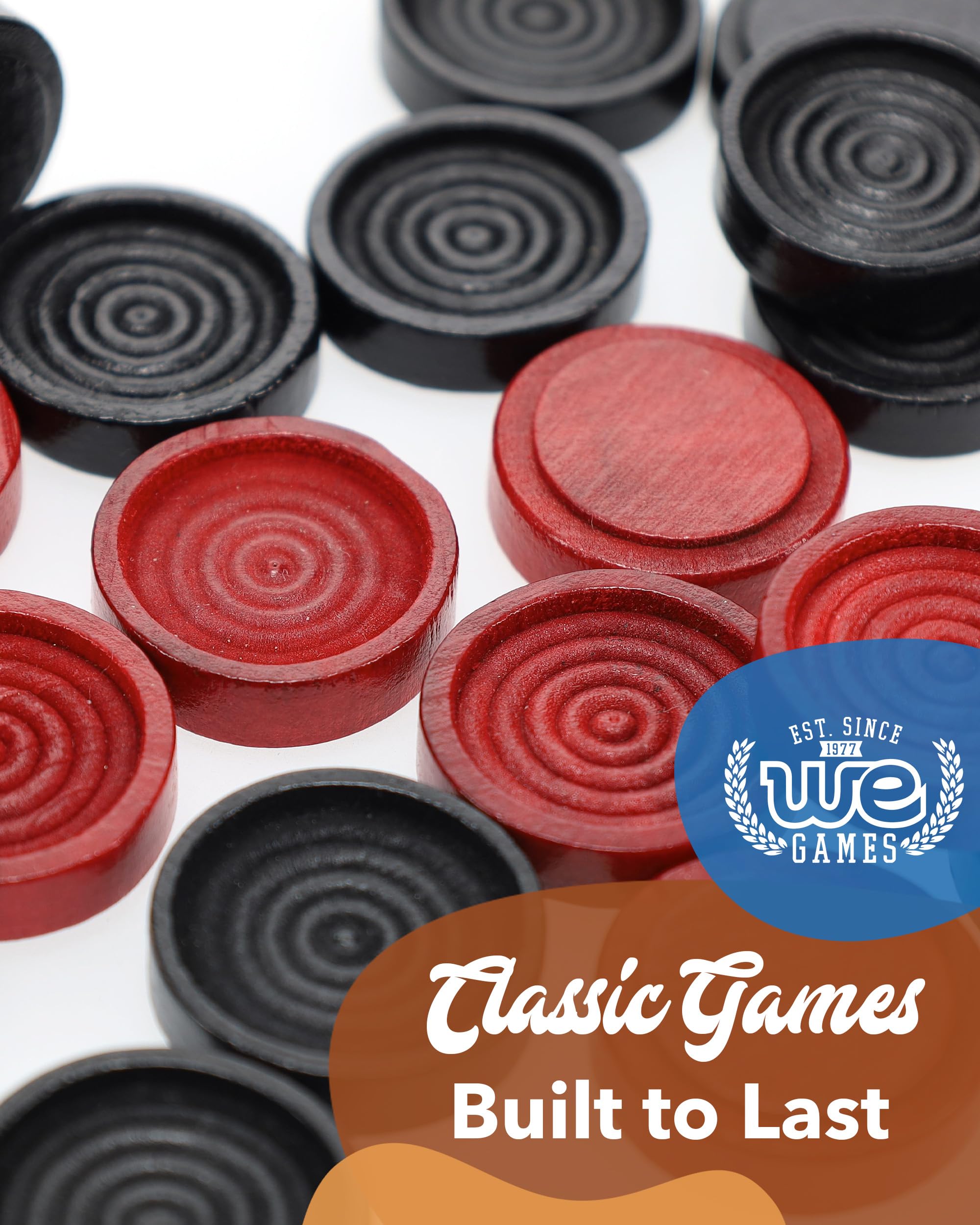 WE Games Wooden Checkers Pieces - 24 Red & Black Checkers, 1.062-inch, with Storage Bag