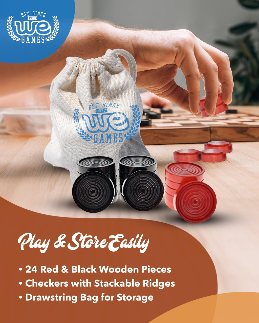 WE Games Wooden Checkers Pieces - 24 Red & Black Checkers, 1.062-inch, with Storage Bag