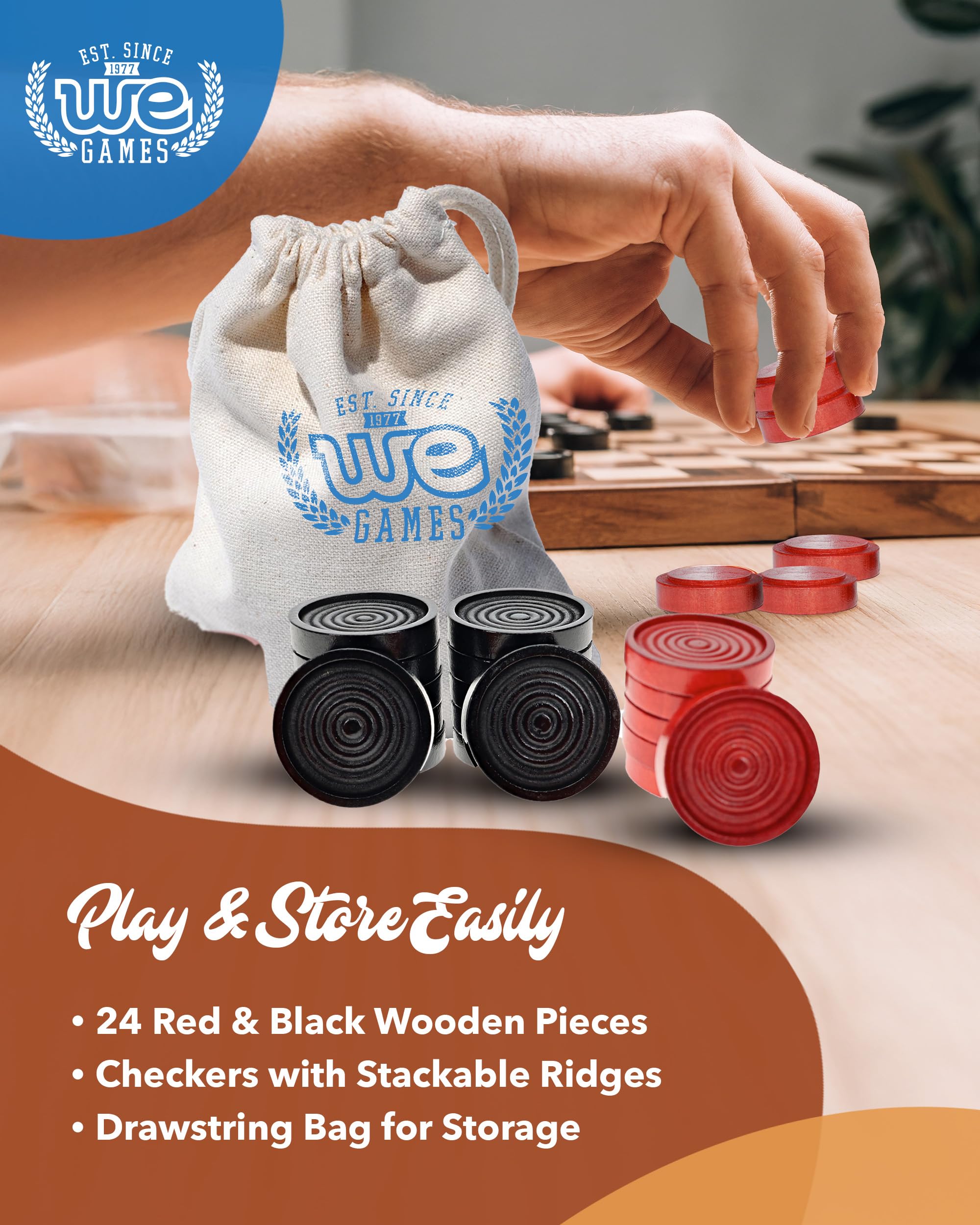 WE Games Wooden Checkers Pieces - 24 Red & Black Checkers, 1.062-inch, with Storage Bag