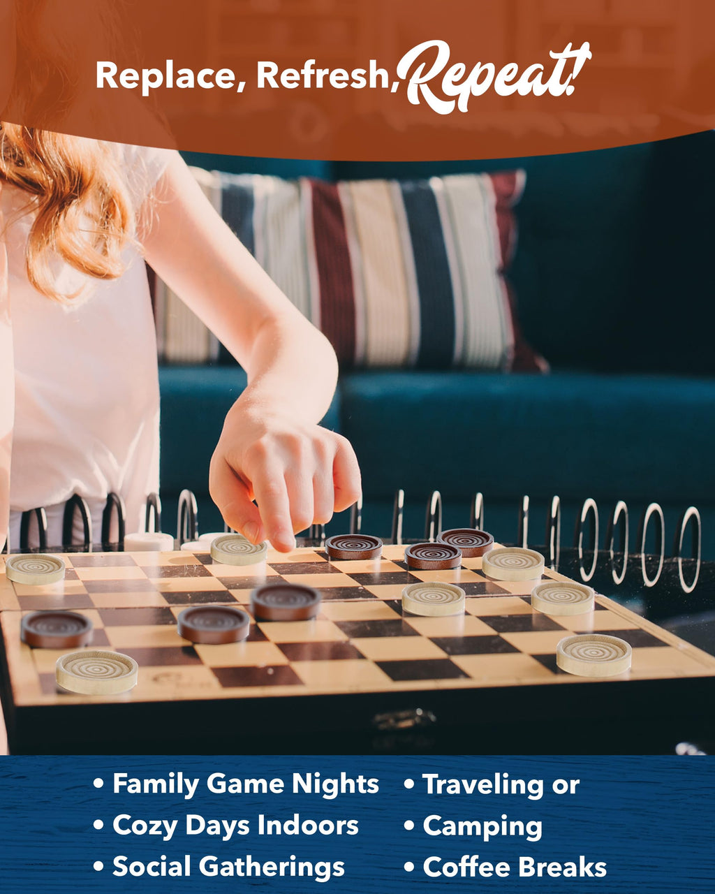 WE Games Wooden Checkers Pieces (1.5 inch) – 24 Brown & Natural Stained Stackable Ridges with Drawstring Bag