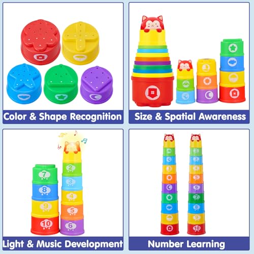 WEEJOYGAM Light-Up Stacking Cups for Toddlers - 10-Piece Nesting Toy with Sounds, Montessori Bath & Beach Toy