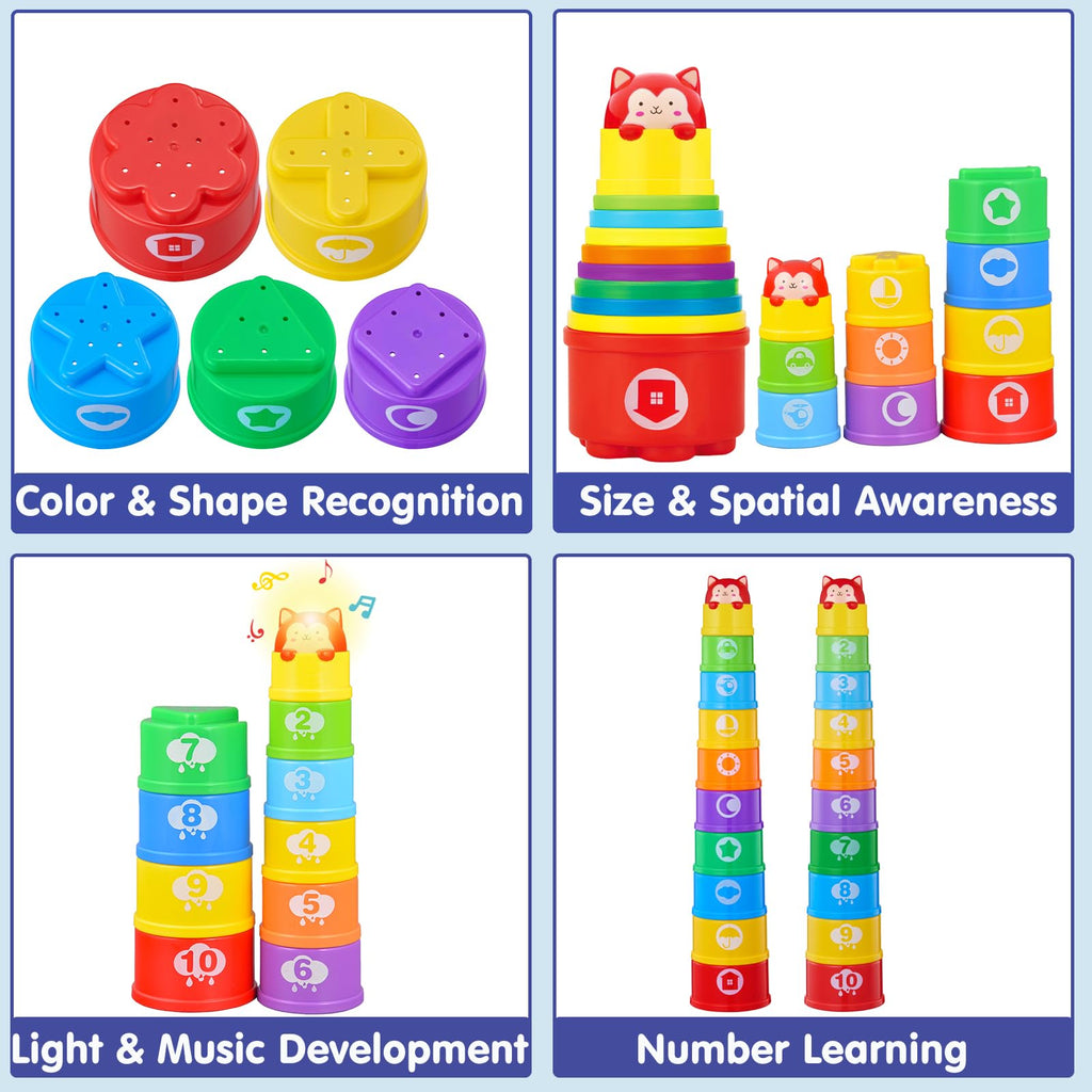 WEEJOYGAM Light-Up Stacking Cups for Toddlers - 10-Piece Nesting Toy with Sounds, Montessori Bath & Beach Toy