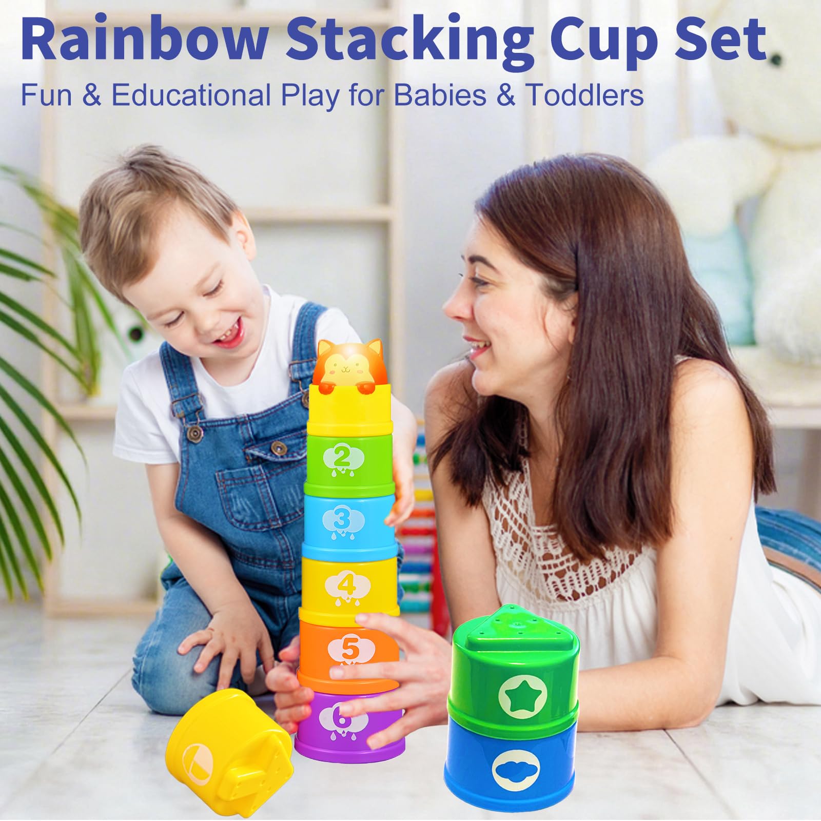 WEEJOYGAM Light-Up Stacking Cups for Toddlers - 10-Piece Nesting Toy with Sounds, Montessori Bath & Beach Toy
