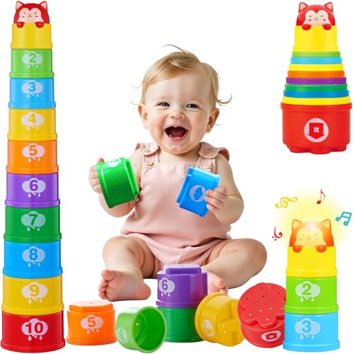 WEEJOYGAM Light-Up Stacking Cups for Toddlers - 10-Piece Nesting Toy with Sounds, Montessori Bath & Beach Toy