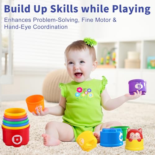 WEEJOYGAM Light-Up Stacking Cups for Toddlers - 10-Piece Nesting Toy with Sounds, Montessori Bath & Beach Toy