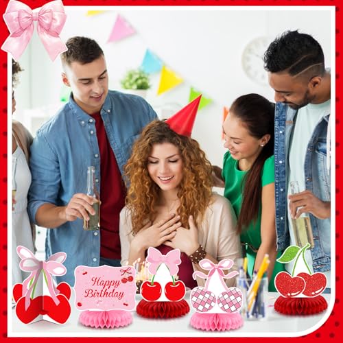 Weekgrat 12-Piece Cherry Honeycomb Centerpiece Set – Pink & Red 3D Table Decor for Birthday, Baby Shower, or Bachelor Party