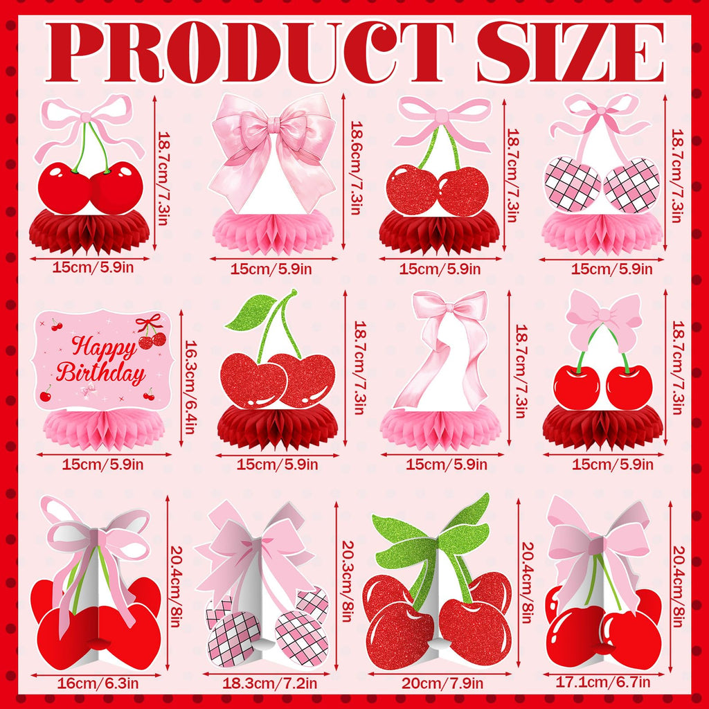 Weekgrat 12-Piece Cherry Honeycomb Centerpiece Set – Pink & Red 3D Table Decor for Birthday, Baby Shower, or Bachelor Party