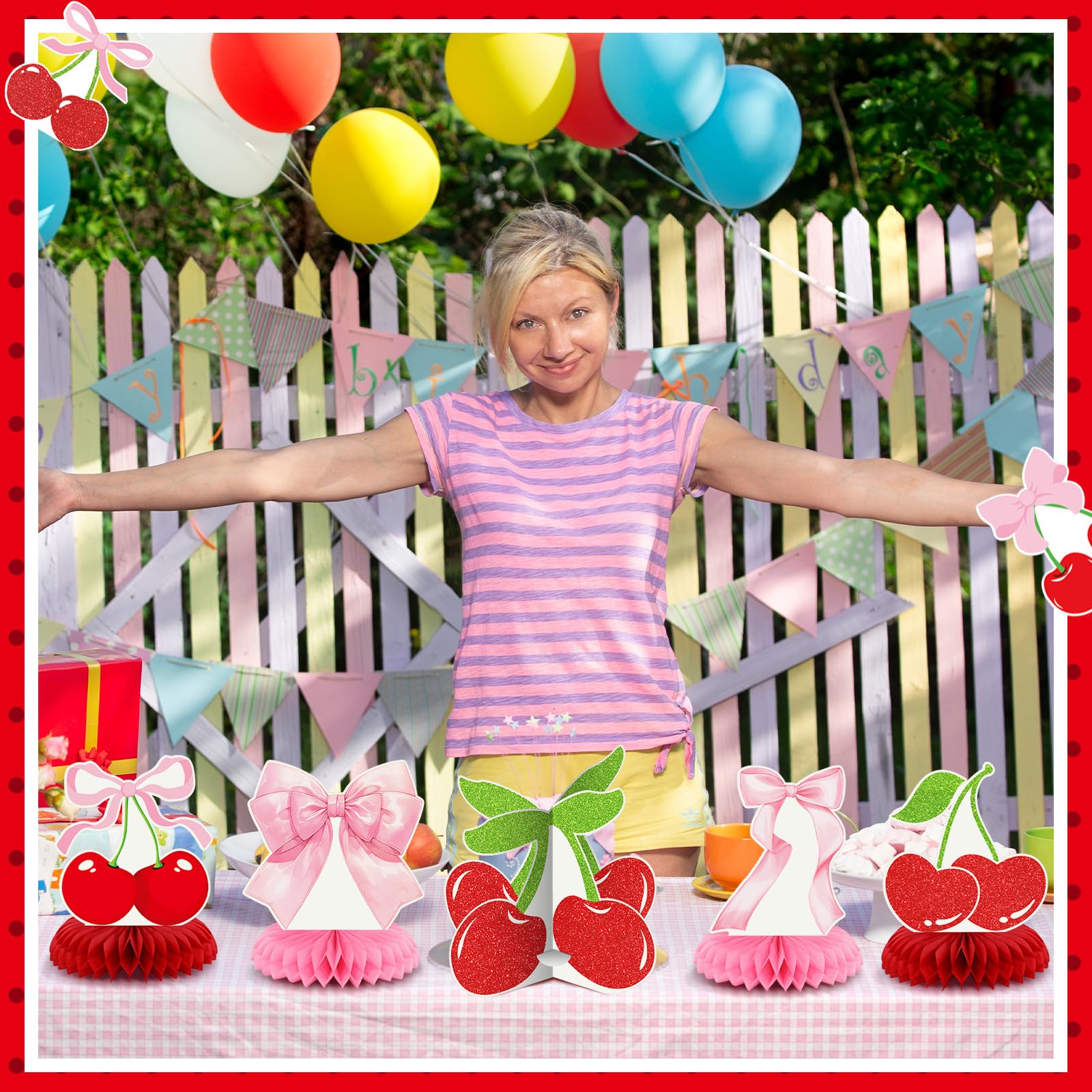 Weekgrat 12-Piece Cherry Honeycomb Centerpiece Set – Pink & Red 3D Table Decor for Birthday, Baby Shower, or Bachelor Party