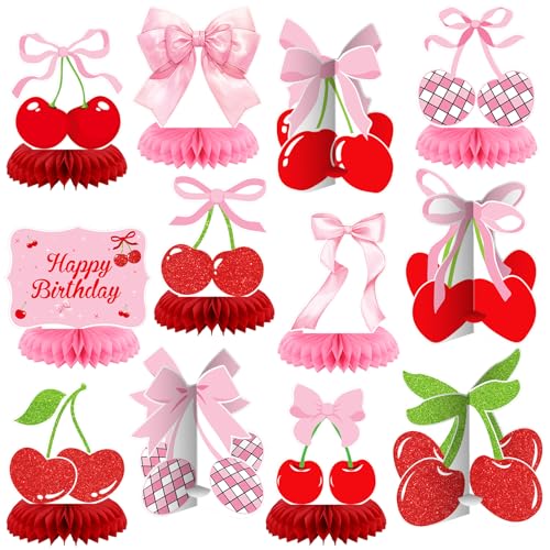 Weekgrat 12-Piece Cherry Honeycomb Centerpiece Set – Pink & Red 3D Table Decor for Birthday, Baby Shower, or Bachelor Party