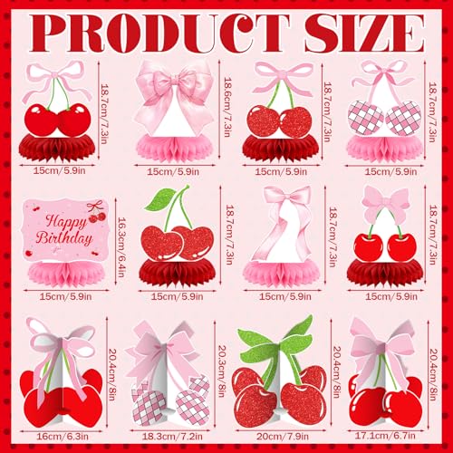 Weekgrat 12-Piece Cherry Honeycomb Centerpiece Set – Pink & Red 3D Table Decor for Birthday, Baby Shower, or Bachelor Party