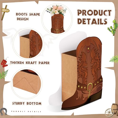 Weekgrat 8-Piece Brown Cowboy Boot Flower Box Set for Western Themed Party Centerpieces and Favors