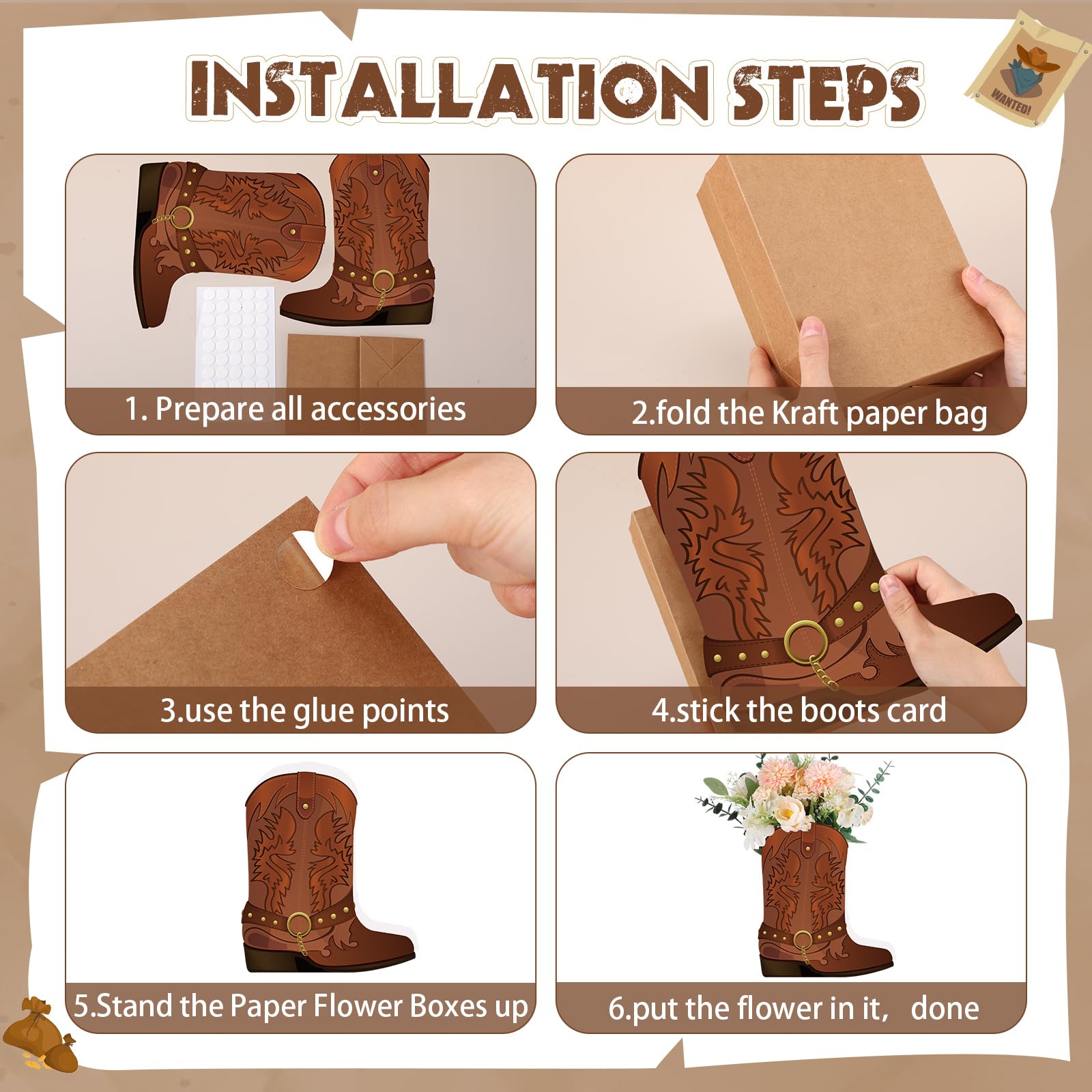 Weekgrat 8-Piece Brown Cowboy Boot Flower Box Set for Western Themed Party Centerpieces and Favors