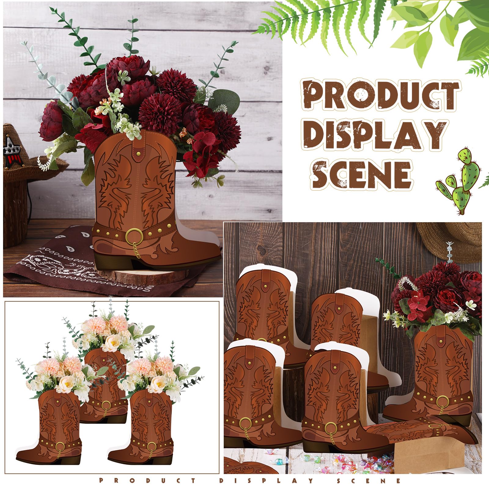 Weekgrat 8-Piece Brown Cowboy Boot Flower Box Set for Western Themed Party Centerpieces and Favors