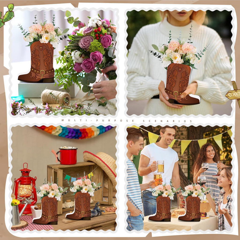 Weekgrat 8-Piece Brown Cowboy Boot Flower Box Set for Western Themed Party Centerpieces and Favors