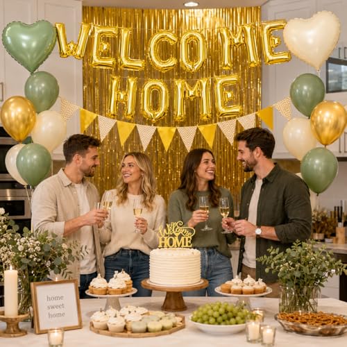 Welcome Home Decorations Kit – Sage Green & Gold Balloon Banner with Foil Hearts, Fringe Curtain & Cake Topper
