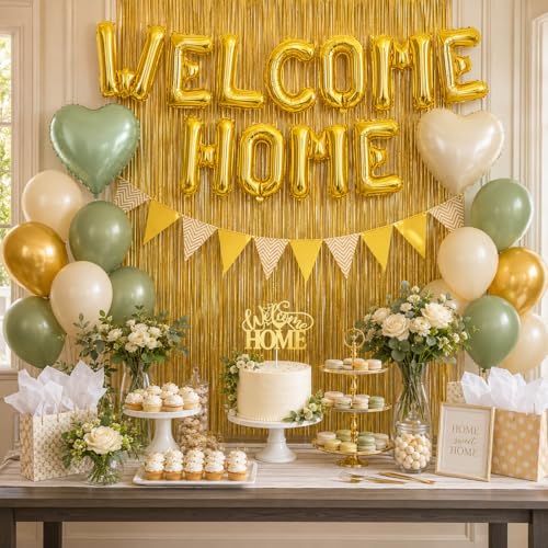 Welcome Home Decorations Kit – Sage Green & Gold Balloon Banner with Foil Hearts, Fringe Curtain & Cake Topper