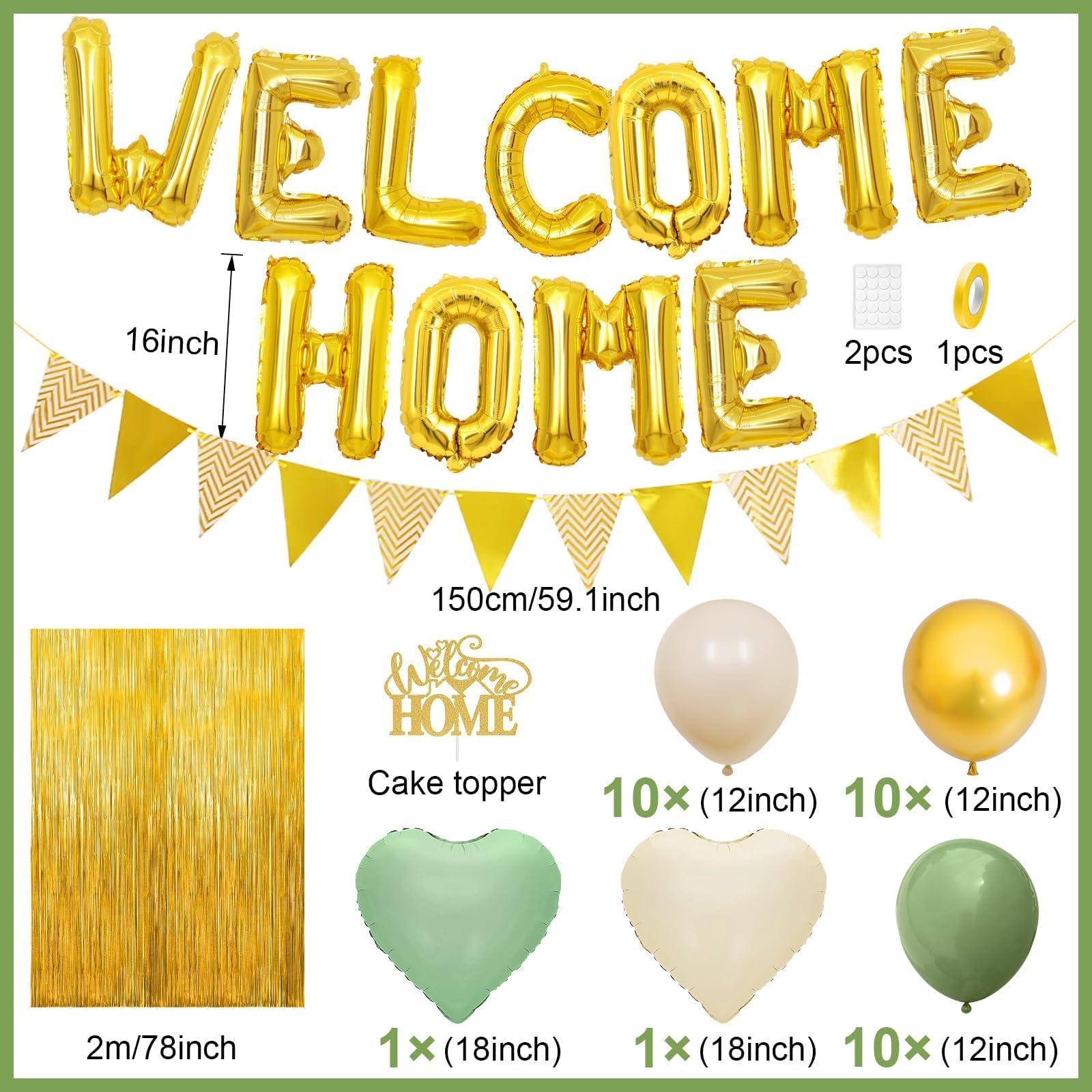 Welcome Home Decorations Kit – Sage Green & Gold Balloon Banner with Foil Hearts, Fringe Curtain & Cake Topper