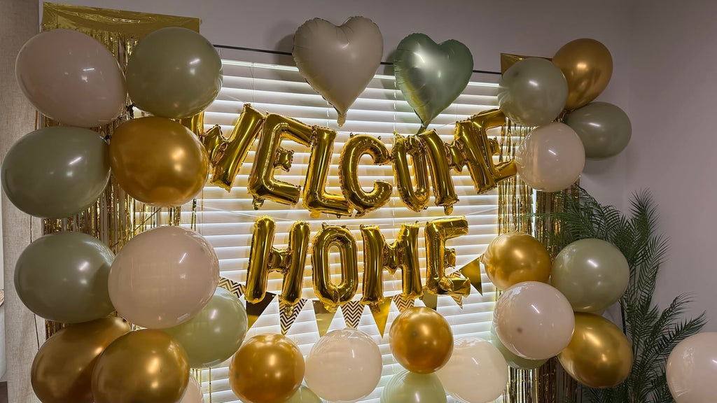 Welcome Home Decorations Kit – Sage Green & Gold Balloon Banner with Foil Hearts, Fringe Curtain & Cake Topper