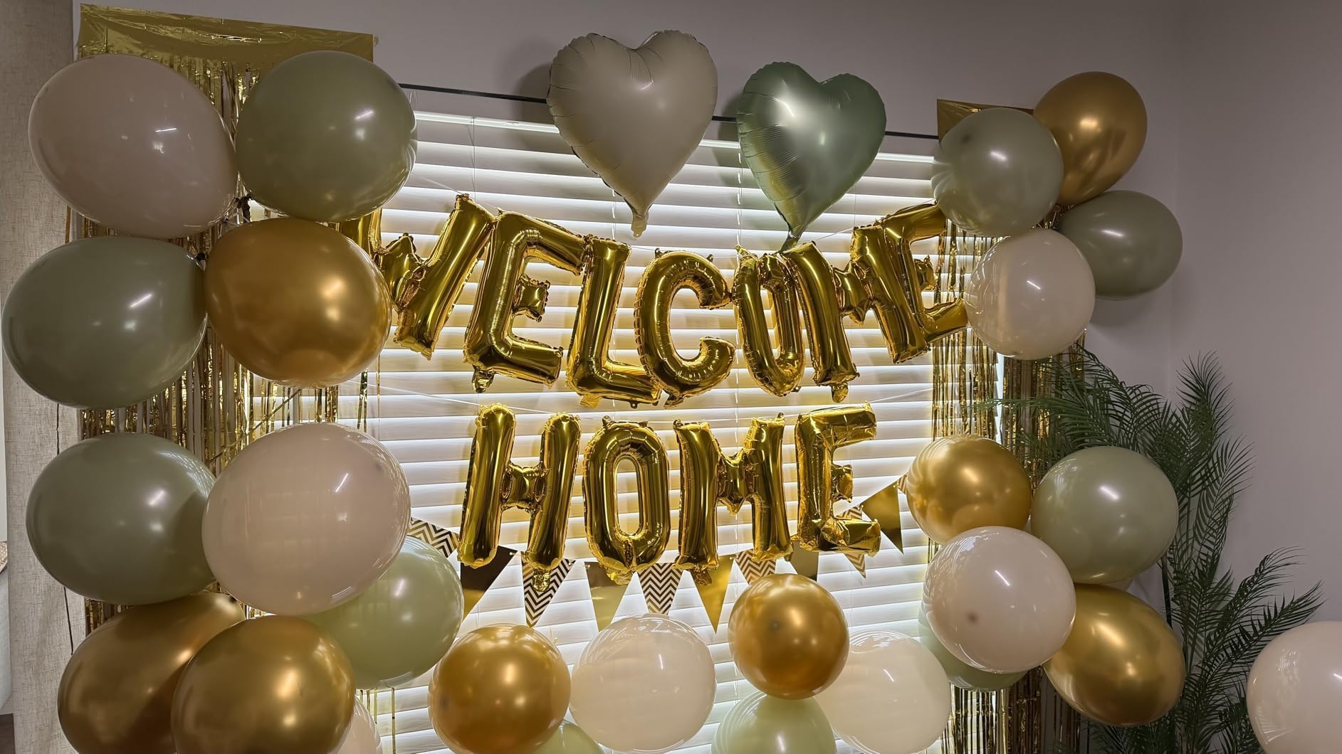 Welcome Home Decorations Kit – Sage Green & Gold Balloon Banner with Foil Hearts, Fringe Curtain & Cake Topper