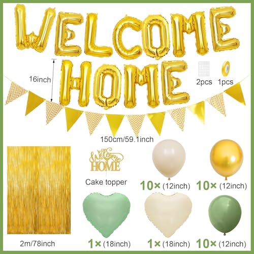 Welcome Home Decorations Kit – Sage Green & Gold Balloon Banner with Foil Hearts, Fringe Curtain & Cake Topper