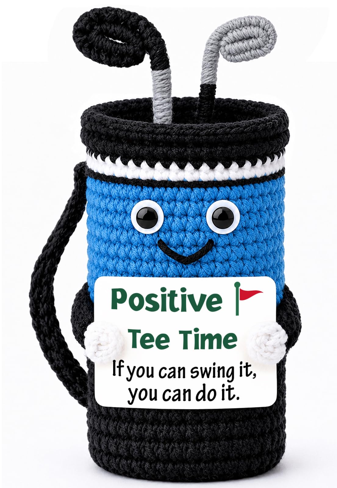WelDesine Crocheted Golf Bag Figurine – Smiling Golf Decor with Inspirational Quote, Handmade Gift for Dad, Husband, Golfer