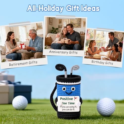 WelDesine Crocheted Golf Bag Figurine – Smiling Golf Decor with Inspirational Quote, Handmade Gift for Dad, Husband, Golfer