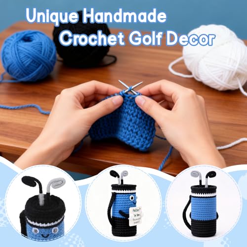 WelDesine Crocheted Golf Bag Figurine – Smiling Golf Decor with Inspirational Quote, Handmade Gift for Dad, Husband, Golfer