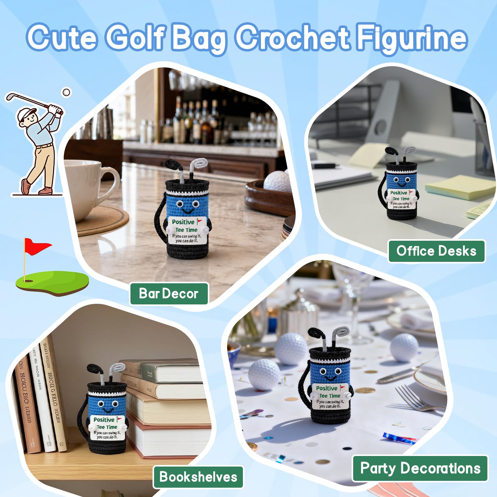 WelDesine Crocheted Golf Bag Figurine – Smiling Golf Decor with Inspirational Quote, Handmade Gift for Dad, Husband, Golfer
