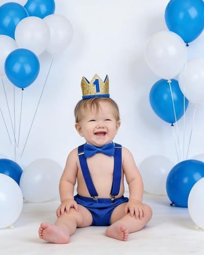 WELROG Baby Boys First Birthday Cake Smash Outfit Set - Bow Tie Suspenders Bloomers Crown (Gold Sparkle)