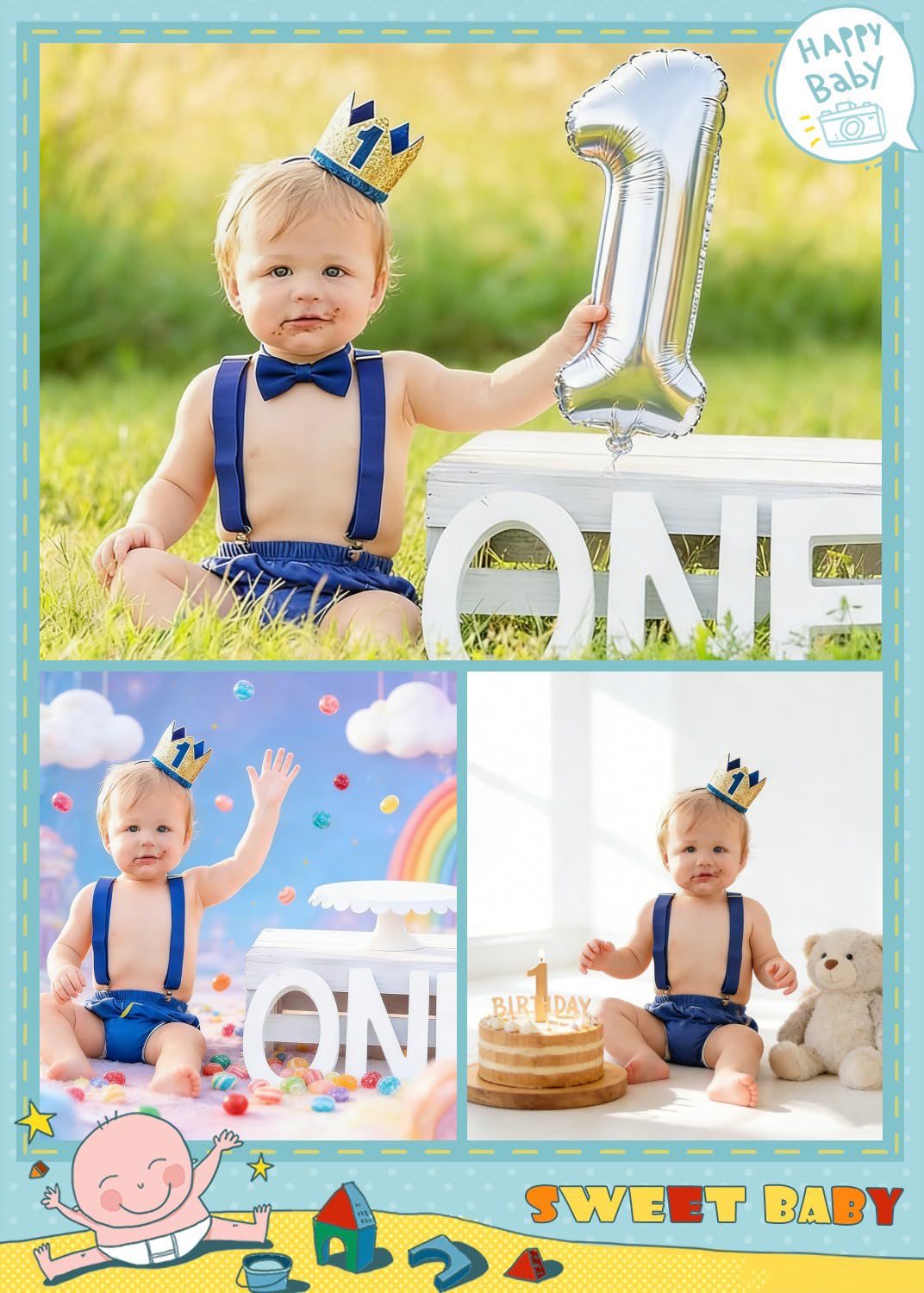 WELROG Baby Boys First Birthday Cake Smash Outfit Set - Bow Tie Suspenders Bloomers Crown (Gold Sparkle)