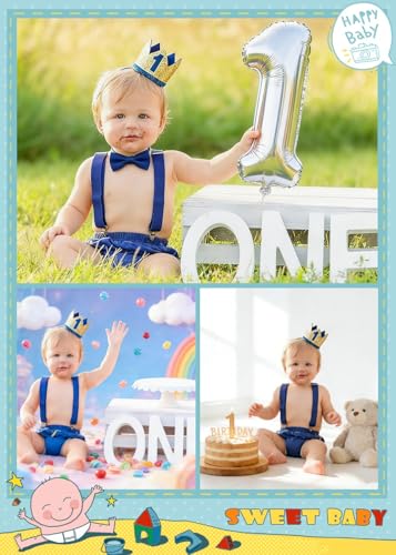 WELROG Baby Boys First Birthday Cake Smash Outfit Set - Bow Tie Suspenders Bloomers Crown (Gold Sparkle)
