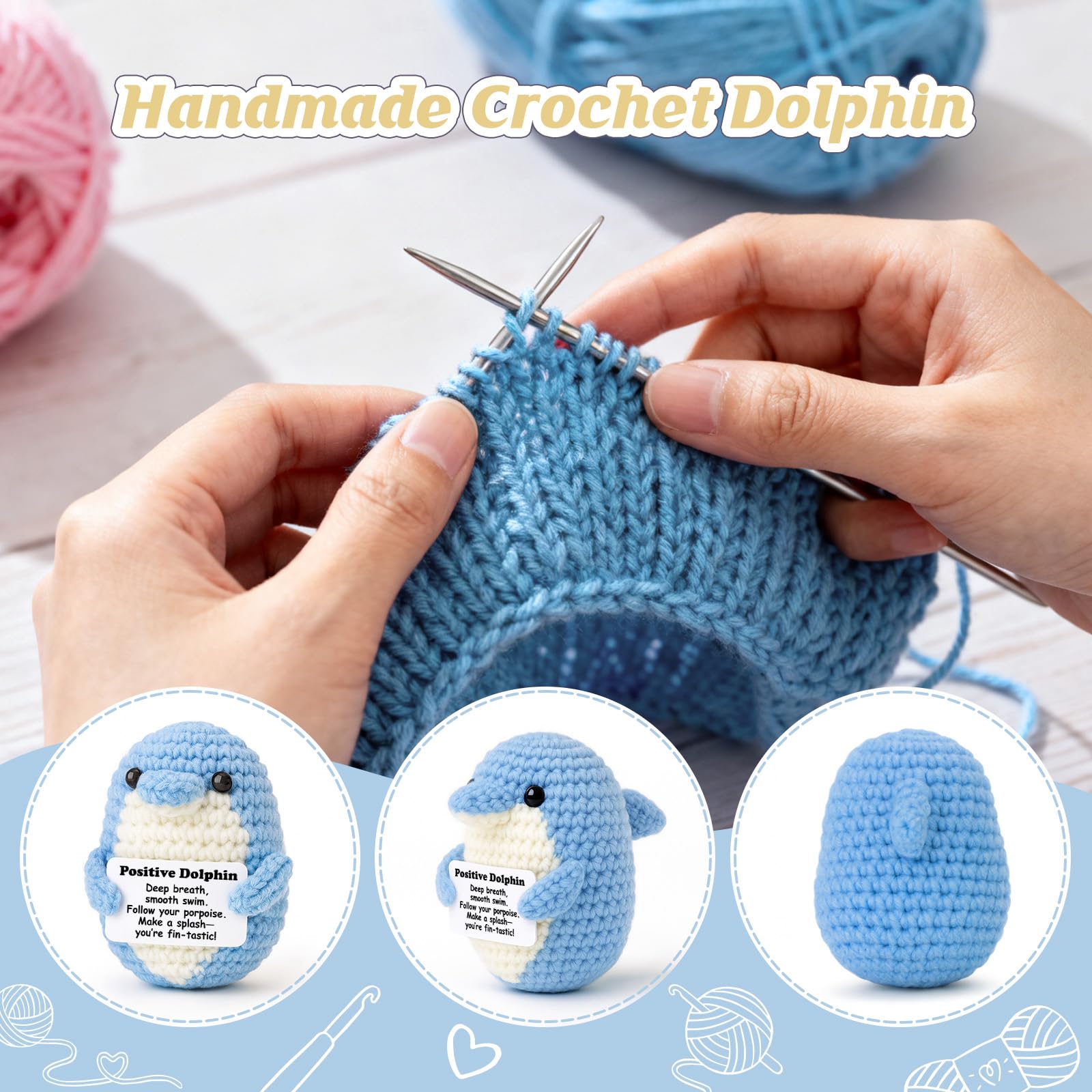 Weming Handmade Crochet Dolphin Plush with Inspirational Card – Emotional Support Gift for Women Coworkers and Dolphin Lovers