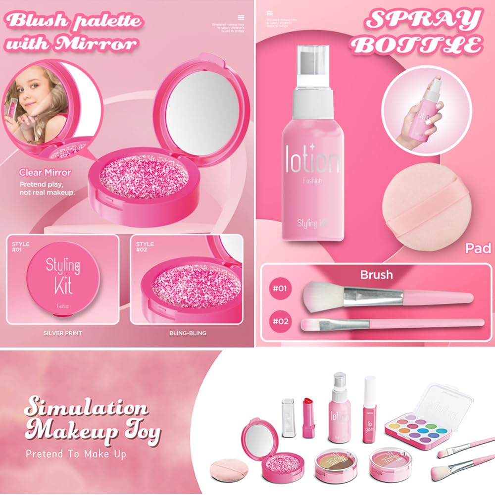 WenToyce Pretend Makeup Kit for Girls – 11-Piece Play Cosmetic Set with Bag (Pink)