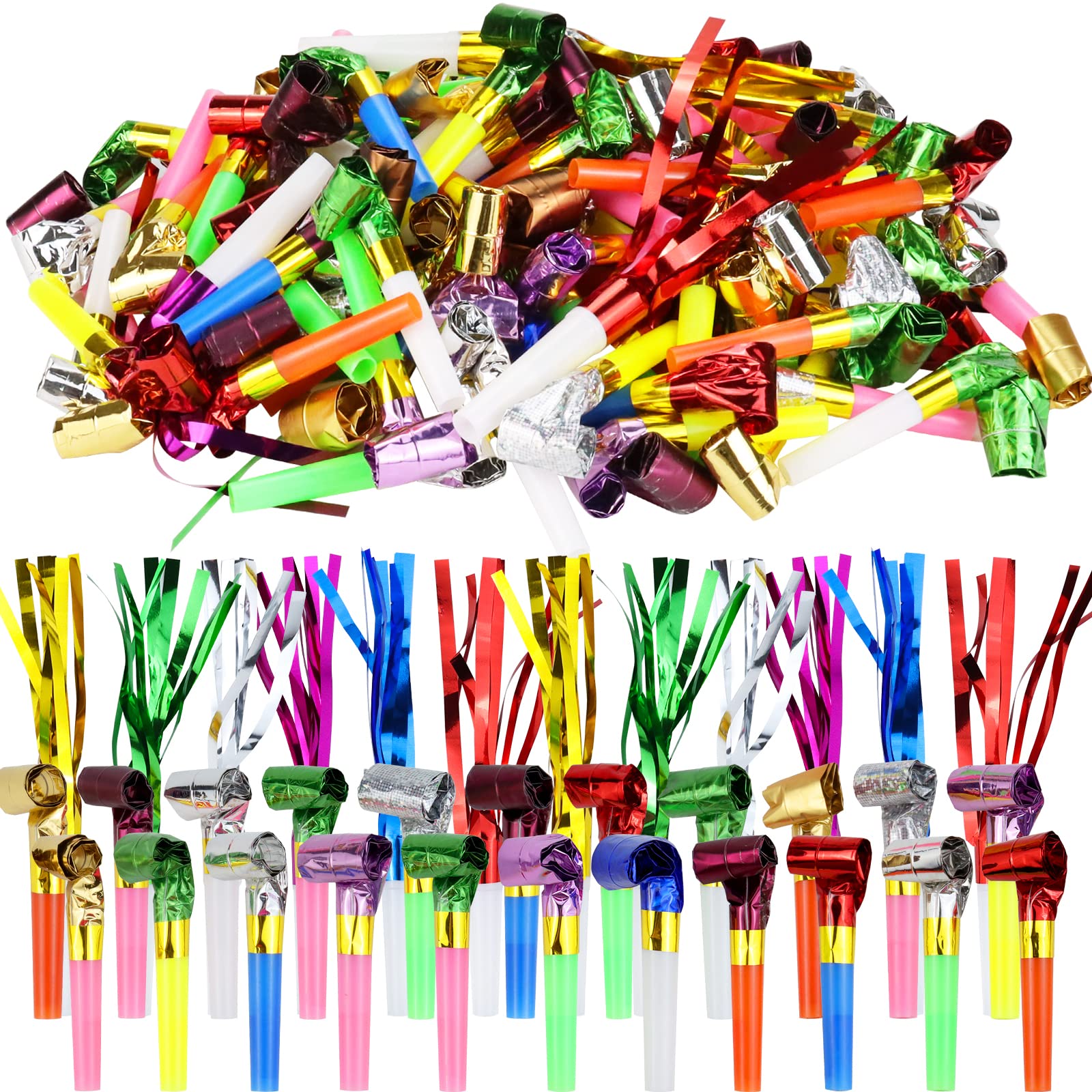 WEOXPR 144-Piece Noisemaker Blowouts Pack – 102 Paper Blowouts + 42 Metallic Fringed Horns for Parties, New Year, and Celebrations
