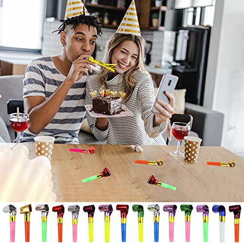 WEOXPR 144-Piece Noisemaker Blowouts Pack – 102 Paper Blowouts + 42 Metallic Fringed Horns for Parties, New Year, and Celebrations