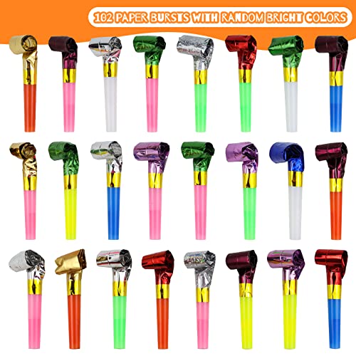 WEOXPR 144-Piece Noisemaker Blowouts Pack – 102 Paper Blowouts + 42 Metallic Fringed Horns for Parties, New Year, and Celebrations