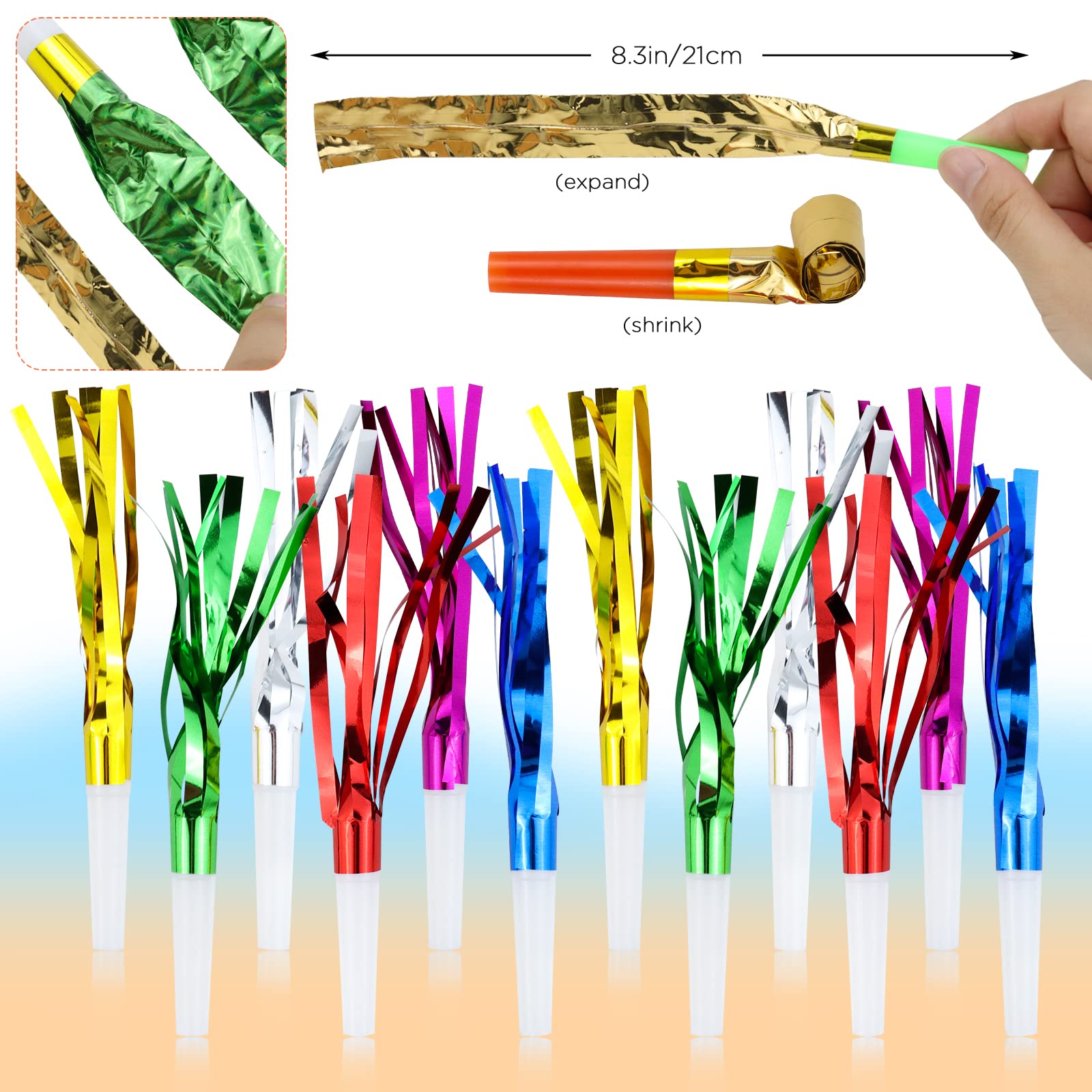 WEOXPR 144-Piece Noisemaker Blowouts Pack – 102 Paper Blowouts + 42 Metallic Fringed Horns for Parties, New Year, and Celebrations