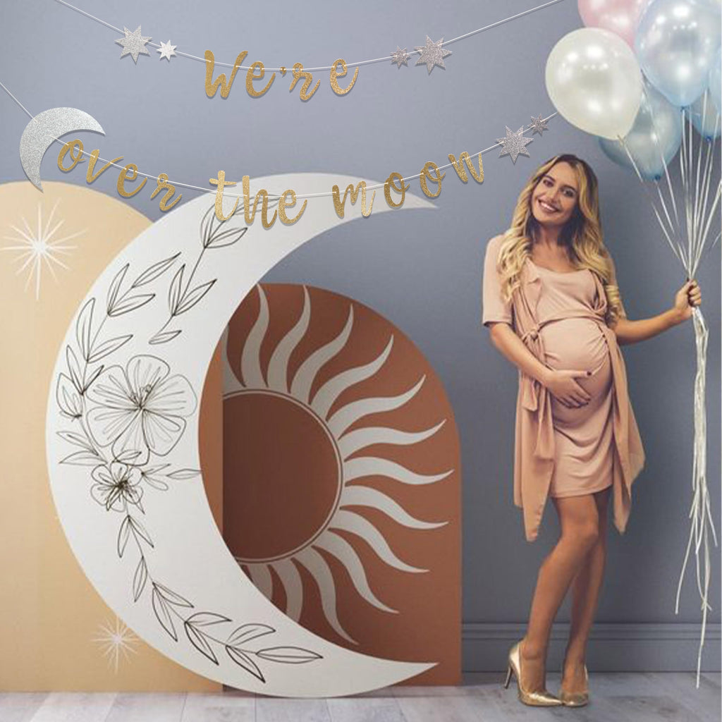 We're Over the Moon Banner – Real Gold Glitter Baby Shower & Gender Reveal Decoration, Pre-Strung Cardboard Banner 9x7 Inches