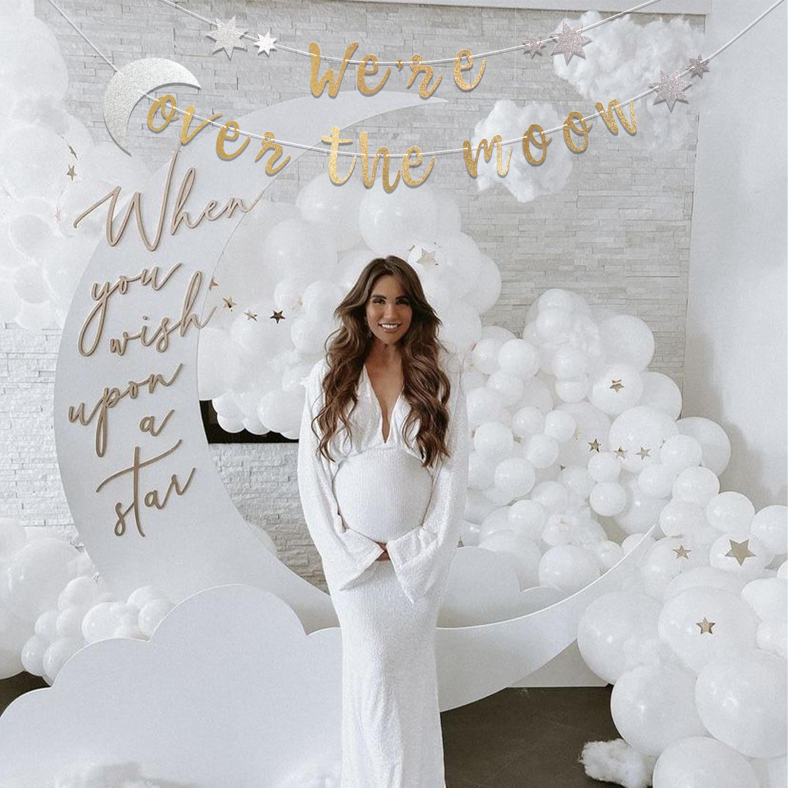 We're Over the Moon Banner – Real Gold Glitter Baby Shower & Gender Reveal Decoration, Pre-Strung Cardboard Banner 9x7 Inches