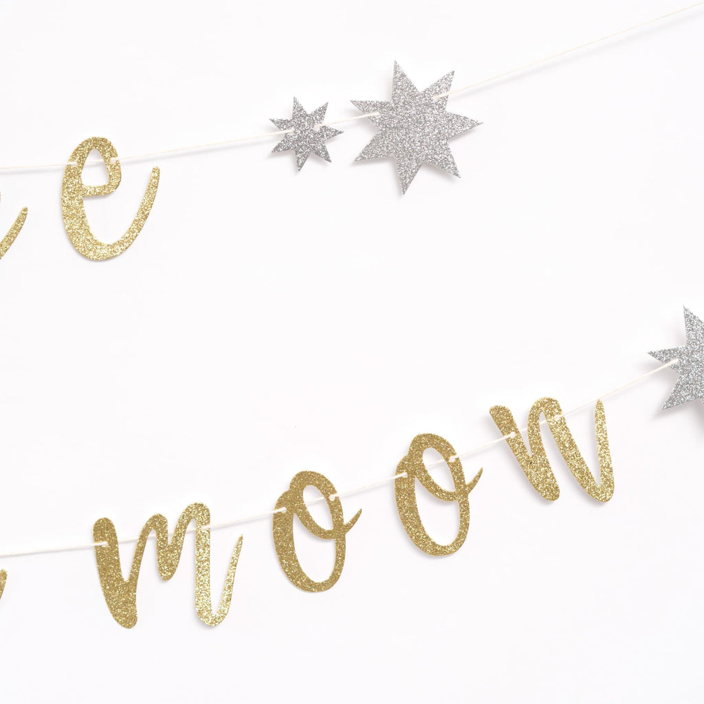 We're Over the Moon Banner – Real Gold Glitter Baby Shower & Gender Reveal Decoration, Pre-Strung Cardboard Banner 9x7 Inches