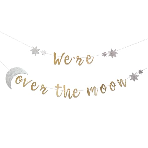 We're Over the Moon Banner – Real Gold Glitter Baby Shower & Gender Reveal Decoration, Pre-Strung Cardboard Banner 9x7 Inches