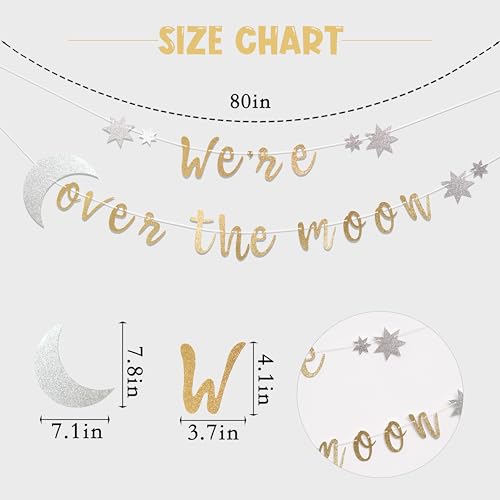 We're Over the Moon Banner – Real Gold Glitter Baby Shower & Gender Reveal Decoration, Pre-Strung Cardboard Banner 9x7 Inches