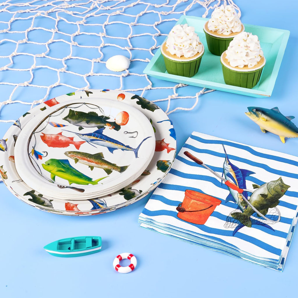 WERNNSAI 48-Piece Fishing Party Tableware Set - Disposable Plates and Napkins for 16 Guests